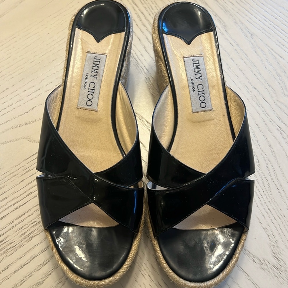 JIMMY CHOO Black Leather Slip-On Wedge
Espadrille Size 40